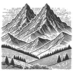 majestic mountain landscape with a dense pine forest in the foreground sketch engraving generative ai fictional character raster illustration. Scratch board imitation. Black and white image.