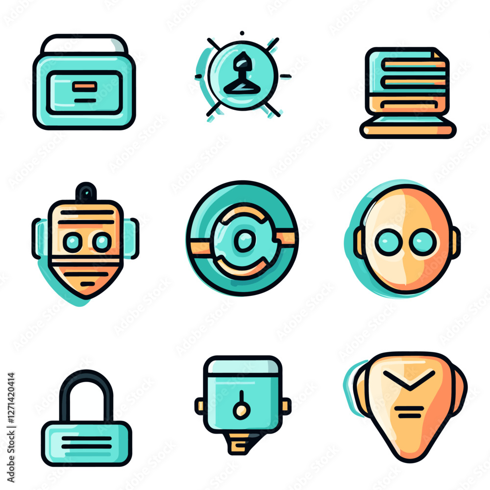 Poster tech icons set: modern robotics, ai elements, and smart devices symbols