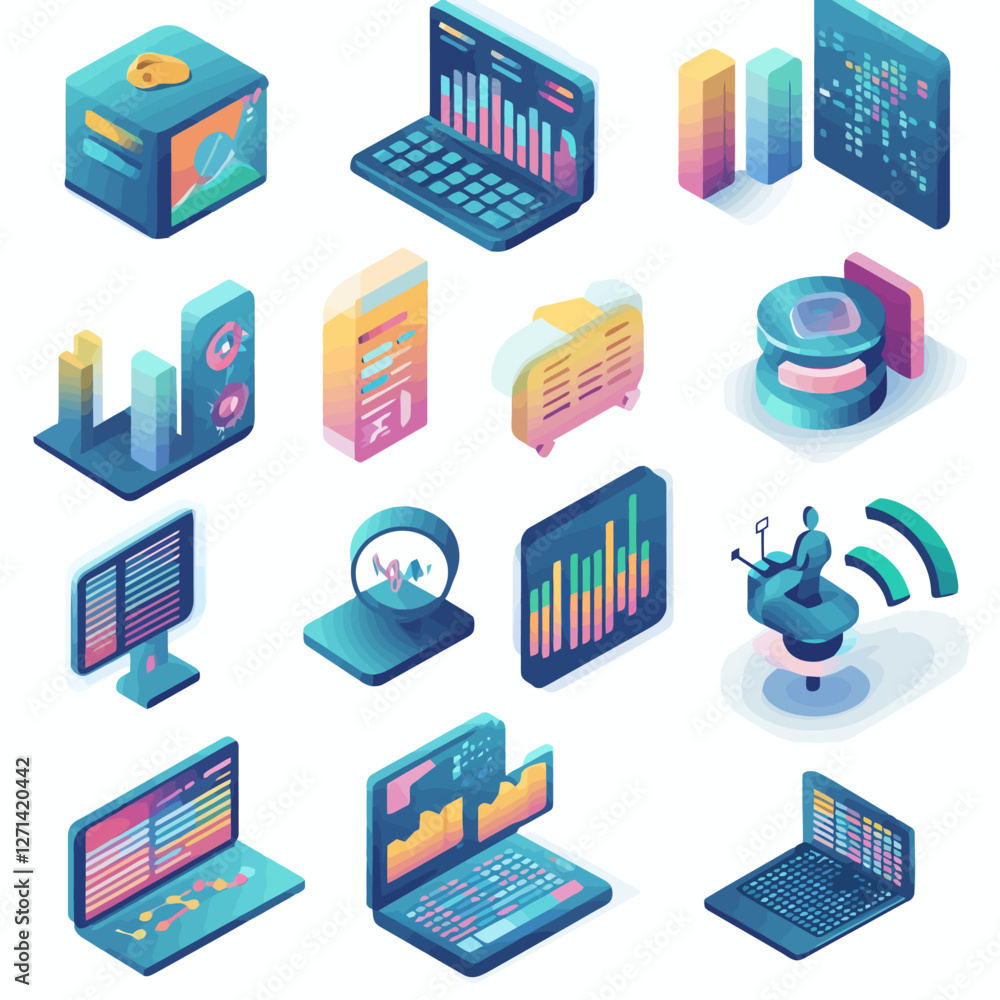 Poster isometric data visualization icons on computers and servers for business