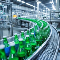 Obraz premium Long conveyor belt with bottles for carbonated drinks, moving already filled bottles for packaging --v 6.1 Job ID: 2443bd33-eb6f-4949-b11d-2177a5fced8b