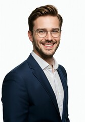 Smiling young man in a suit and glasses.