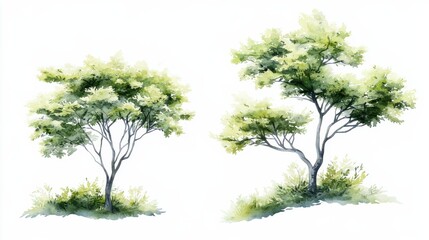 Obraz premium Set of watercolor green tree isolated on white background for landscape and architecture drawing, elements for environment and garden, botanical for section in spring.