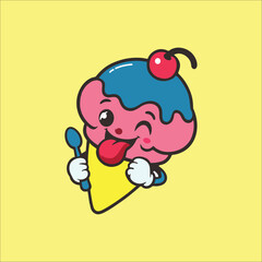 Happy ice cream cone mascot with sprinkles and cherry on top, cheerful face licking itself, vibrant pastel colors, cartoonish and delightful style, perfect for a dessert shop or ice cream brand logo.