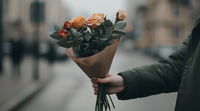 Person holding a bouquet of roses on a city street. Possible use Romantic gesture, gift-giving, or street scene