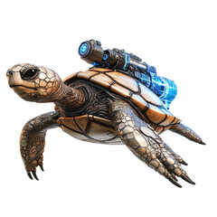 Futuristic Turtle with Jetpack Flying Through a Bright Digital Sky