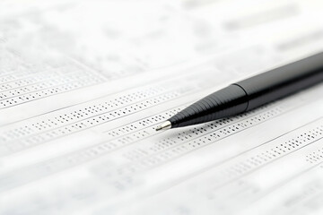 Close-up of a black pen resting on printed paper with numerical data, ideal for business reports