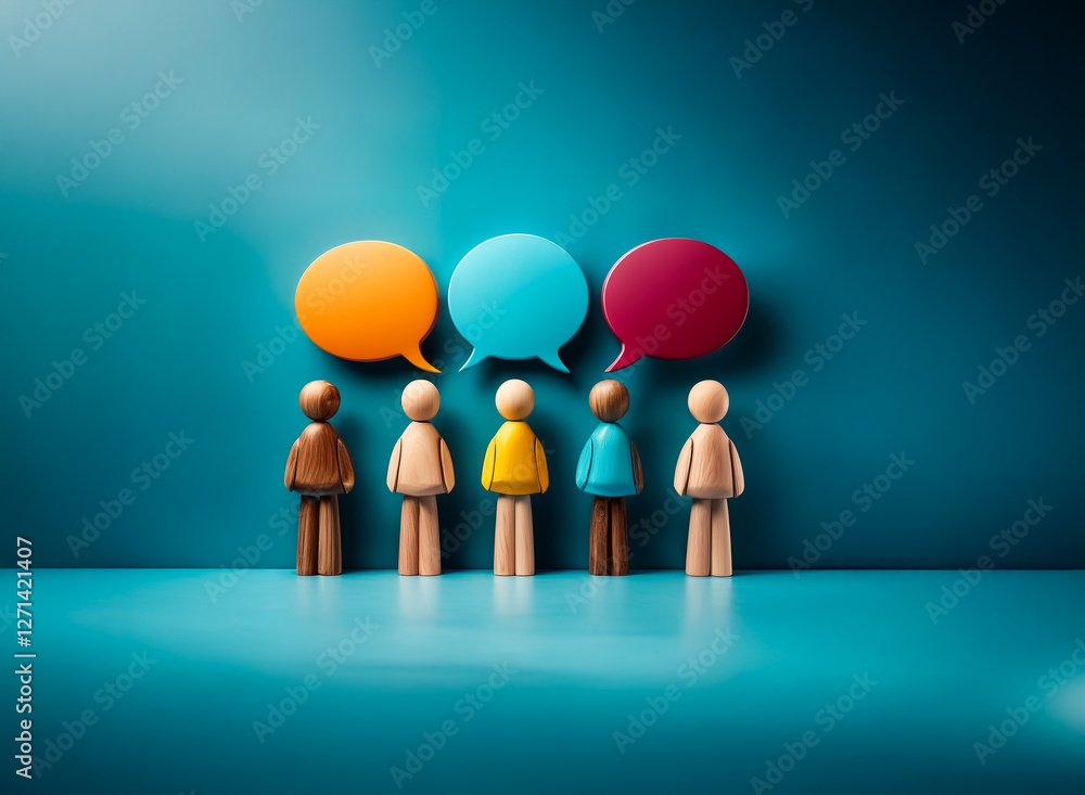 Poster diverse figurines stand in a row beneath colorful speech bubbles against a teal backdrop, symbolizin