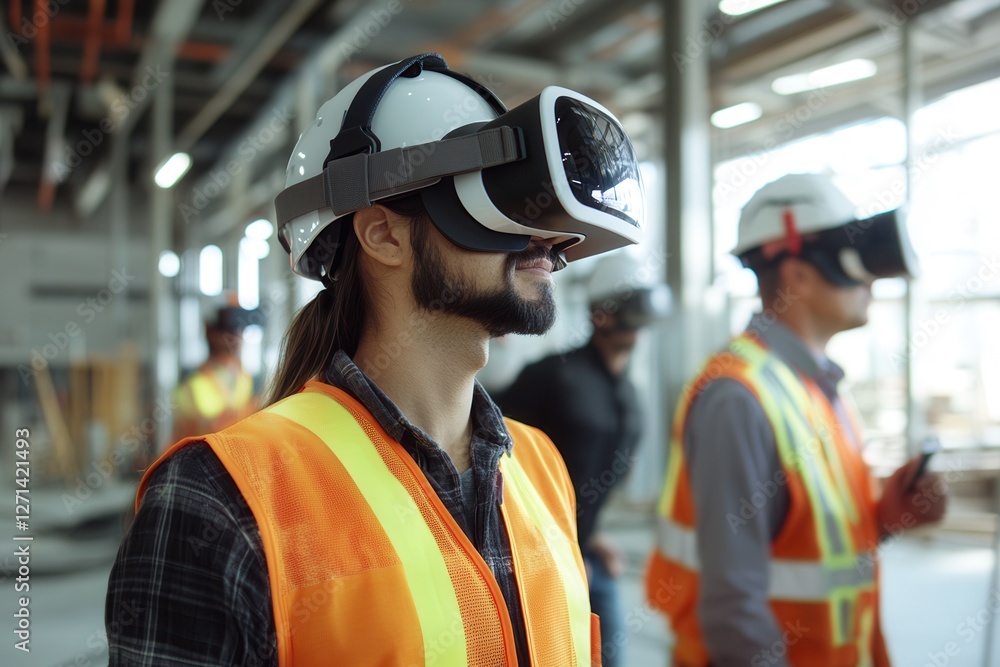 Poster a virtual reality training session for construction workers, simulating bim-guided safety protocols 