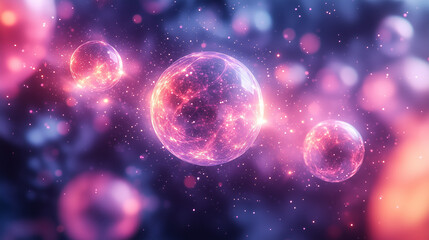 Fototapeta premium Colorful cosmic spheres floating in a vast space ,floating atoms,medical concept