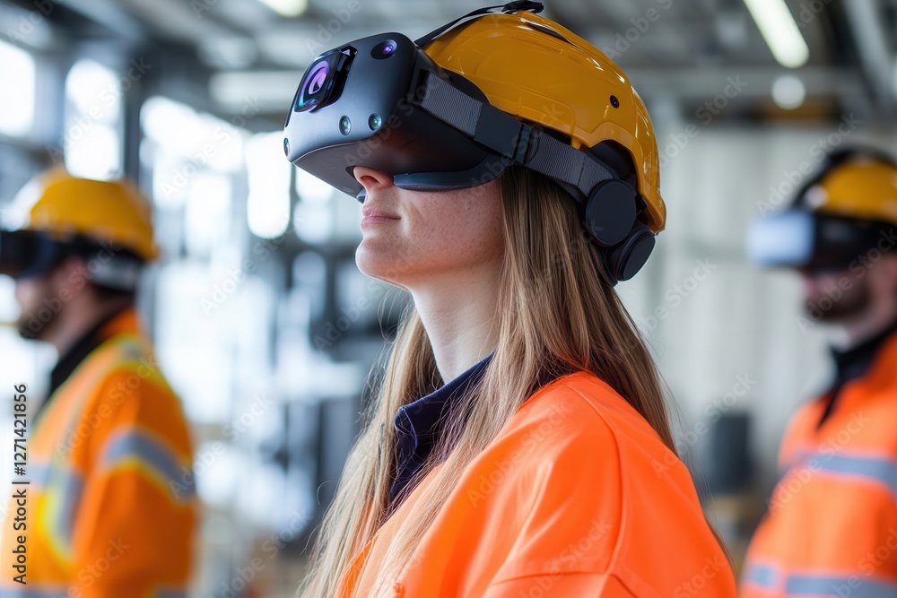 Poster a virtual reality training session for construction workers, simulating bim-guided safety protocols 