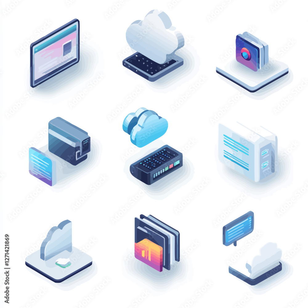 Poster isometric cloud computing and data storage technology on white background