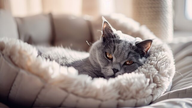 Cozy cat relaxing in plush bed with soft light for pet comfort and relaxation design,National Cat Day