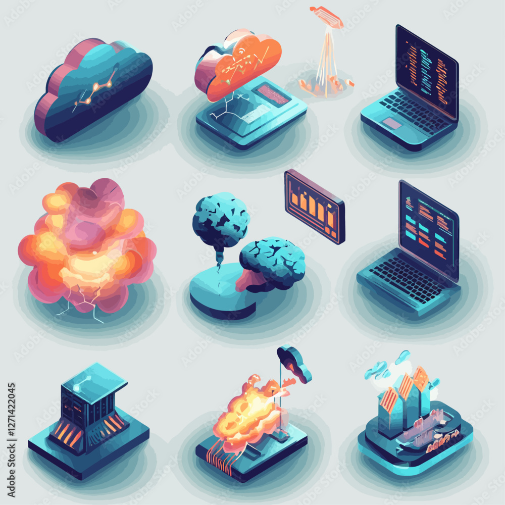 Poster data explosion with ai, cloud computing, and laptop tech concepts