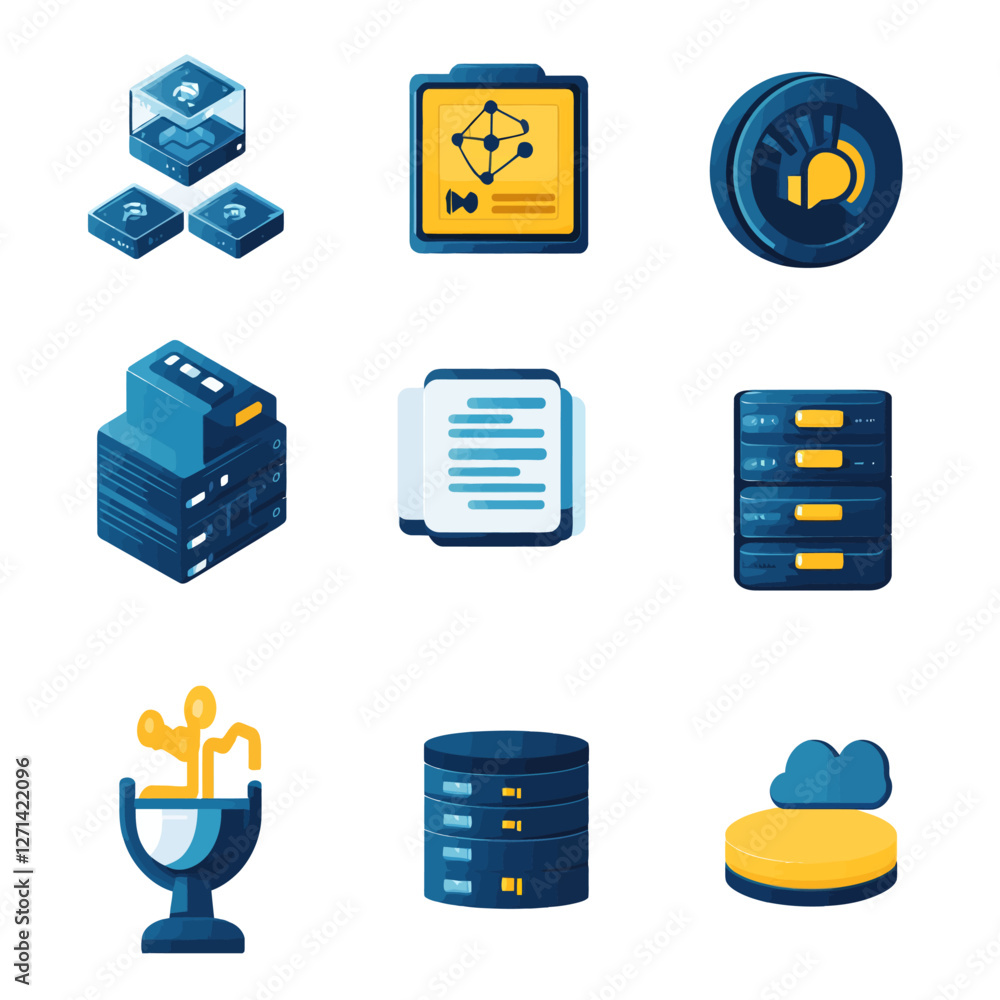 Poster isometric tech icons representing data analytics, network, and cloud solutions