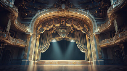 Obraz premium Elegant Theatre Stage with Golden Accents and Draped Curtains