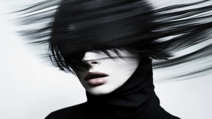 Mysterious woman with wind-swept hair in high fashion monochrome portrait