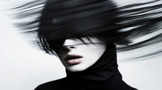 Mysterious woman with wind-swept hair in high fashion monochrome portrait