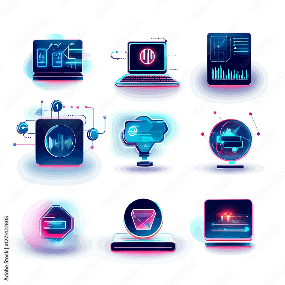 Aufkleber neon digital interface elements for tech applications on white backdrop