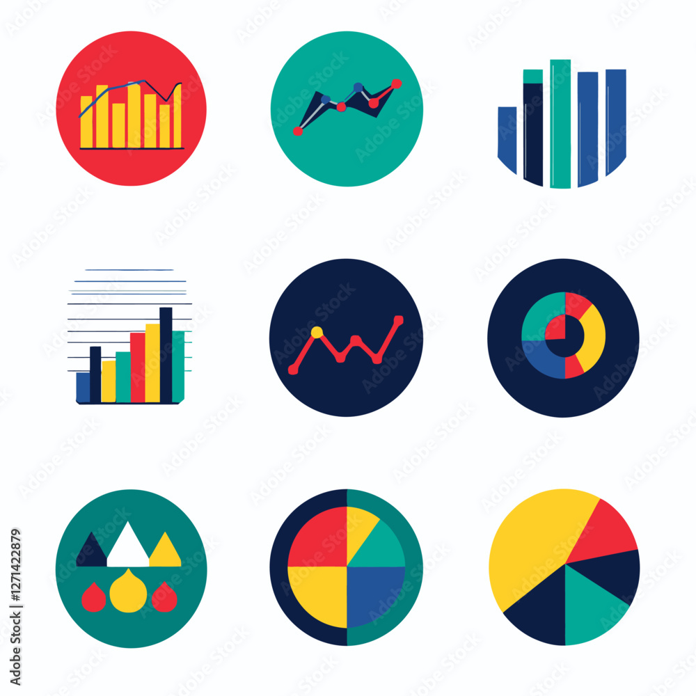 Poster infographic circle icons displaying charts and data analysis in flat style