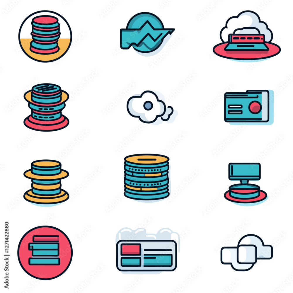 Poster data icon set with graph, cloud, credit card, and database stacks