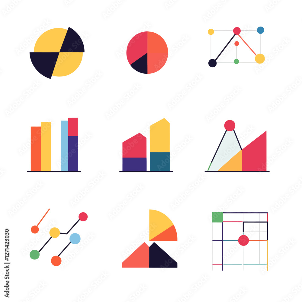 Poster colorful statistical data charts and graphs, visual information display