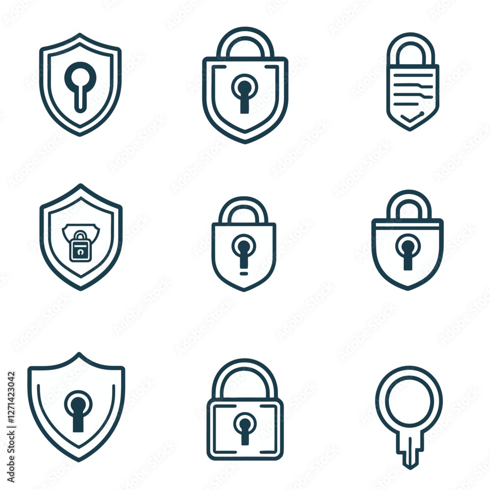 Poster security shield and padlock line art vector icon set, data privacy