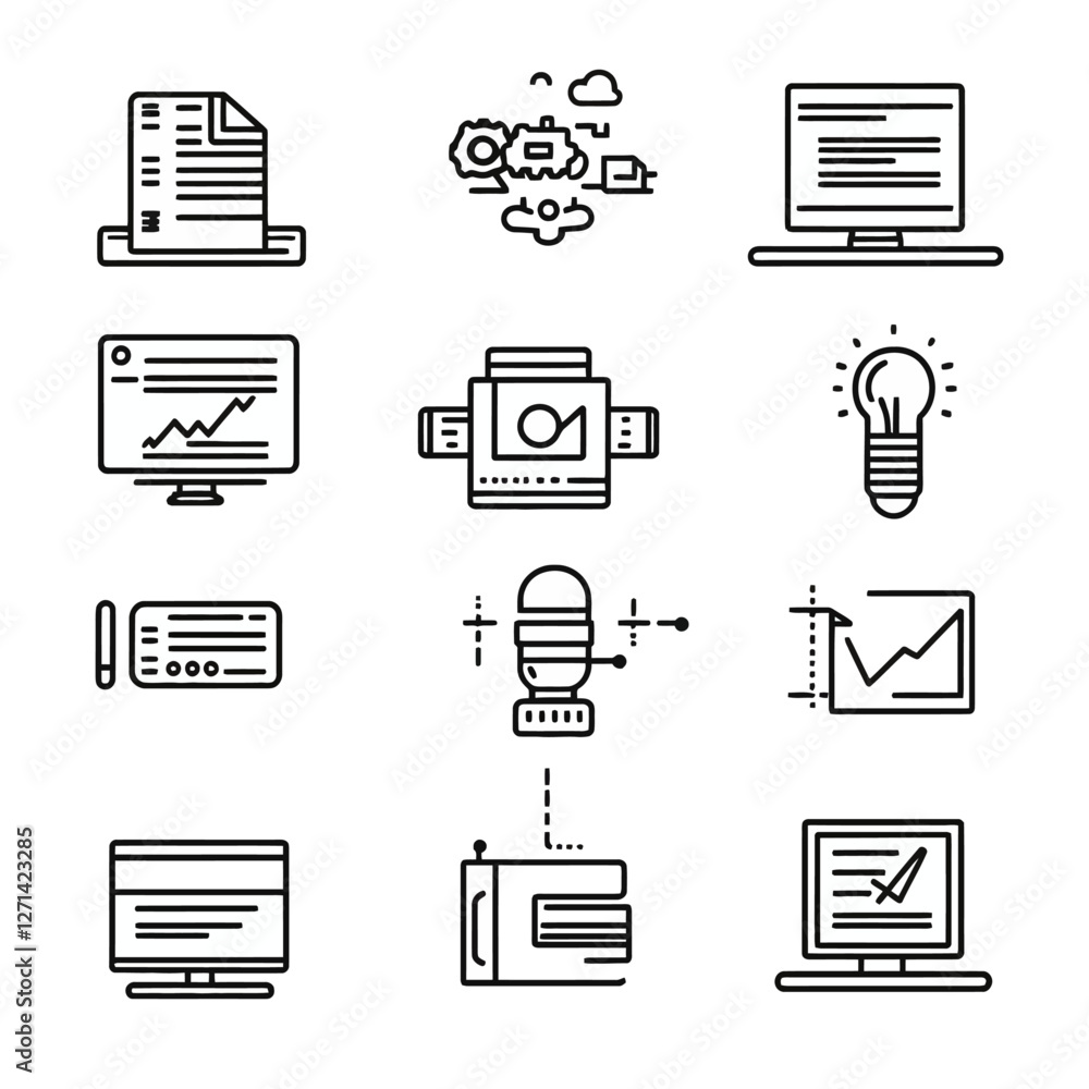 Poster business icon set for website development and company workflow design