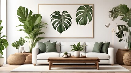 Blank white art canvas mockup above a wooden coffee table in a tropical-inspired living room with palm leaf accents  