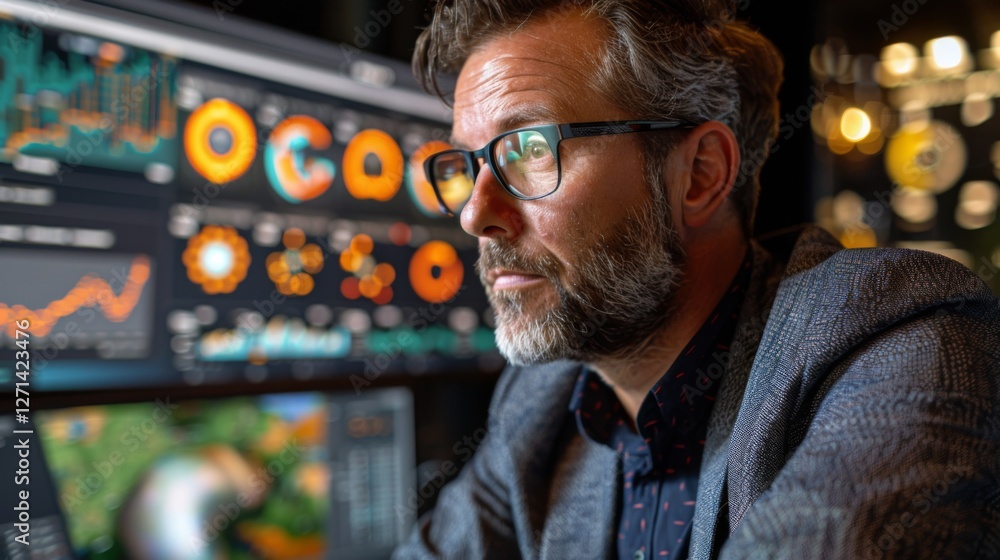 Poster A focused individual with glasses examines complex data visualizations on large screens in a sleek office, showcasing the importance of data analysis in decision making.