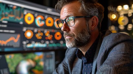 A focused individual with glasses examines complex data visualizations on large screens in a sleek office, showcasing the importance of data analysis in decision making.