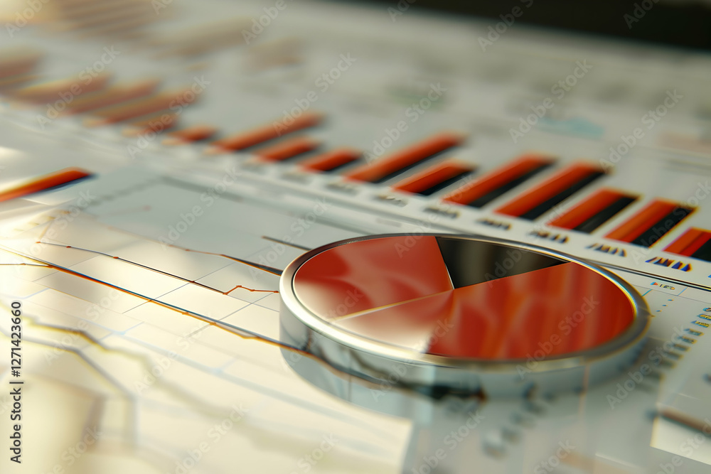 Poster close-up of a pie chart on a financial report with colorful graphs and data analysis in the backgrou