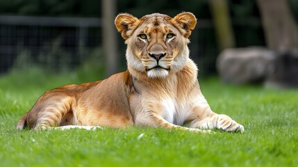 Lion resting on a grassy savanna