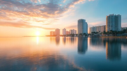 Fototapeta premium A vibrant sunset illuminates the skyline of a coastal city, casting colorful reflections on the calm water. Tall buildings stand majestically against the backdrop of the sunset