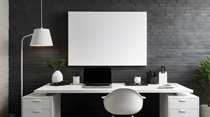 Blank white art canvas mockup against a dark grey brick wall, modern black desk, and minimalist office furniture, with a clean workspace theme 