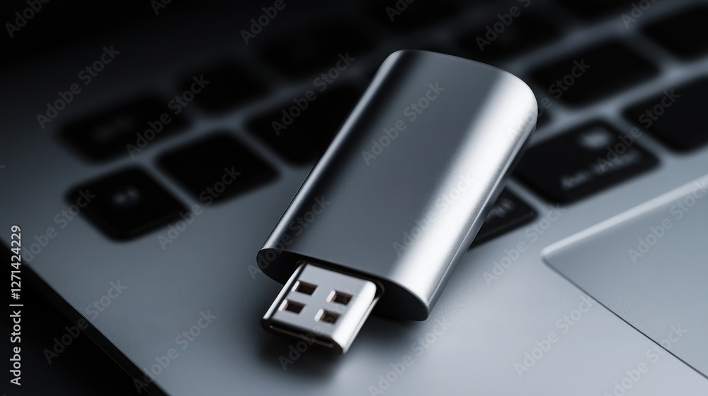 Aufkleber close-up view of a silver usb flash drive resting on a laptop keyboard, symbolizing data storage and