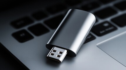 Close-up view of a silver USB flash drive resting on a laptop keyboard, symbolizing data storage and modern connectivity.