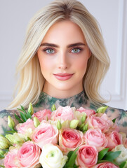 Blonde woman holding bouquet of pink and white roses in floral dress