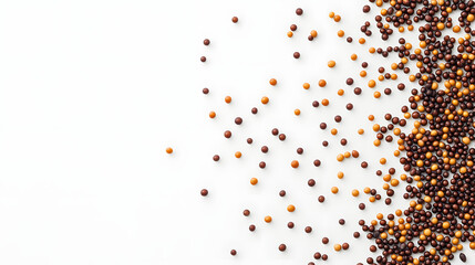 A scattering of mustard seeds on a white background, with emphasis on their yellow-brown tones and round shape.