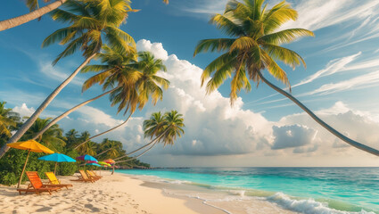 Obraz premium Stunning tropical beach with colorful loungers and swaying palm trees under a vibrant sky