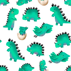 Dinosaur seamless background for baby boys. Green reptile. Cartoon monster jurassic lizard. Hand drawn endless pattern. Newborn design, print, wrap, textile, nersery, baby room