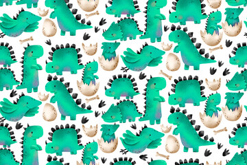 Dinosaur seamless background for baby boys. Nature design. Green reptile. Cartoon monster jurassic lizard. Hand drawn endless pattern. Newborn design, print, wrap, textile, nersery, baby room