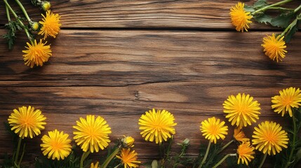 Obraz premium Dandelion flowers on rustic wood background, dandelion, flowers, rustic, wood, background, nature, yellow, petals, wild, fresh