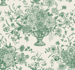 Seamless pattern with vases in toile aesthetics. Floral arrangements with flowers, berries, cereals, herbs, apples. Vintage festive background. Green.