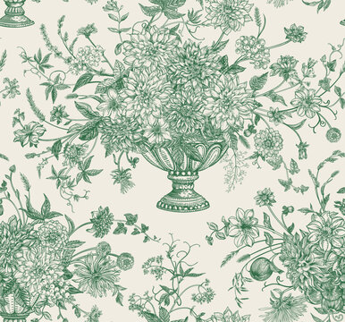 Seamless pattern with vases in toile aesthetics. Floral arrangements with flowers, berries, cereals, herbs, apples. Vintage festive background. Green.