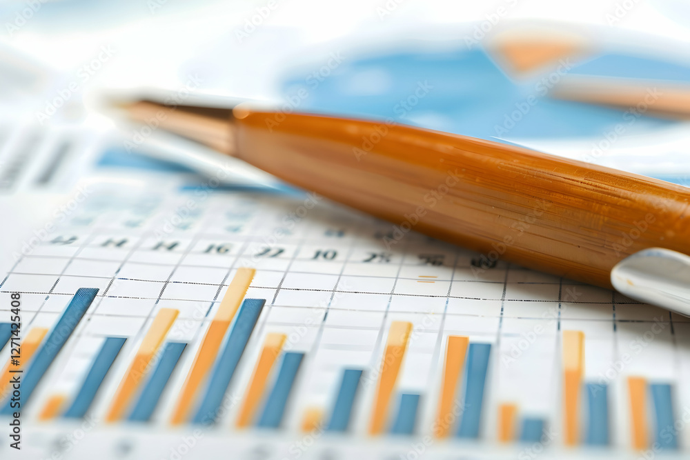 Poster close-up view of a business report featuring graphs and charts with a pen in the foreground