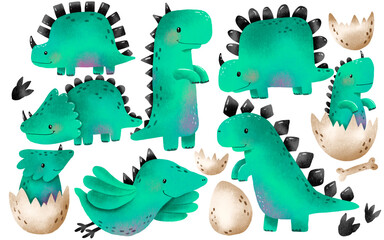 Green jurassic dinosaur. Dino monster. Cartoon funny dinosaur clipart for baby, kids, nursery sticker, baby shower and room. Hand drawn illustration