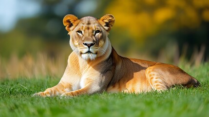Fototapeta premium Lion resting on a grassy savanna
