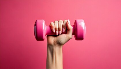 A closeup view of the hand of a young lady holding a pink color dumbbell with a pink color background; sports photography; fitness and exercise