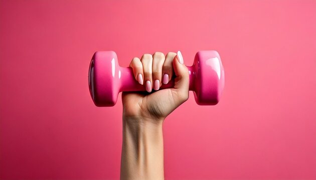 A closeup view of the hand of a young lady holding a pink color dumbbell with a pink color background; sports photography; fitness and exercise