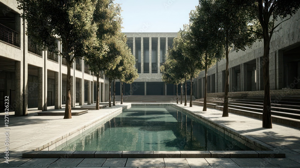 Poster Modern Courtyard with Reflecting Pool and Symmetrical Tree Rows